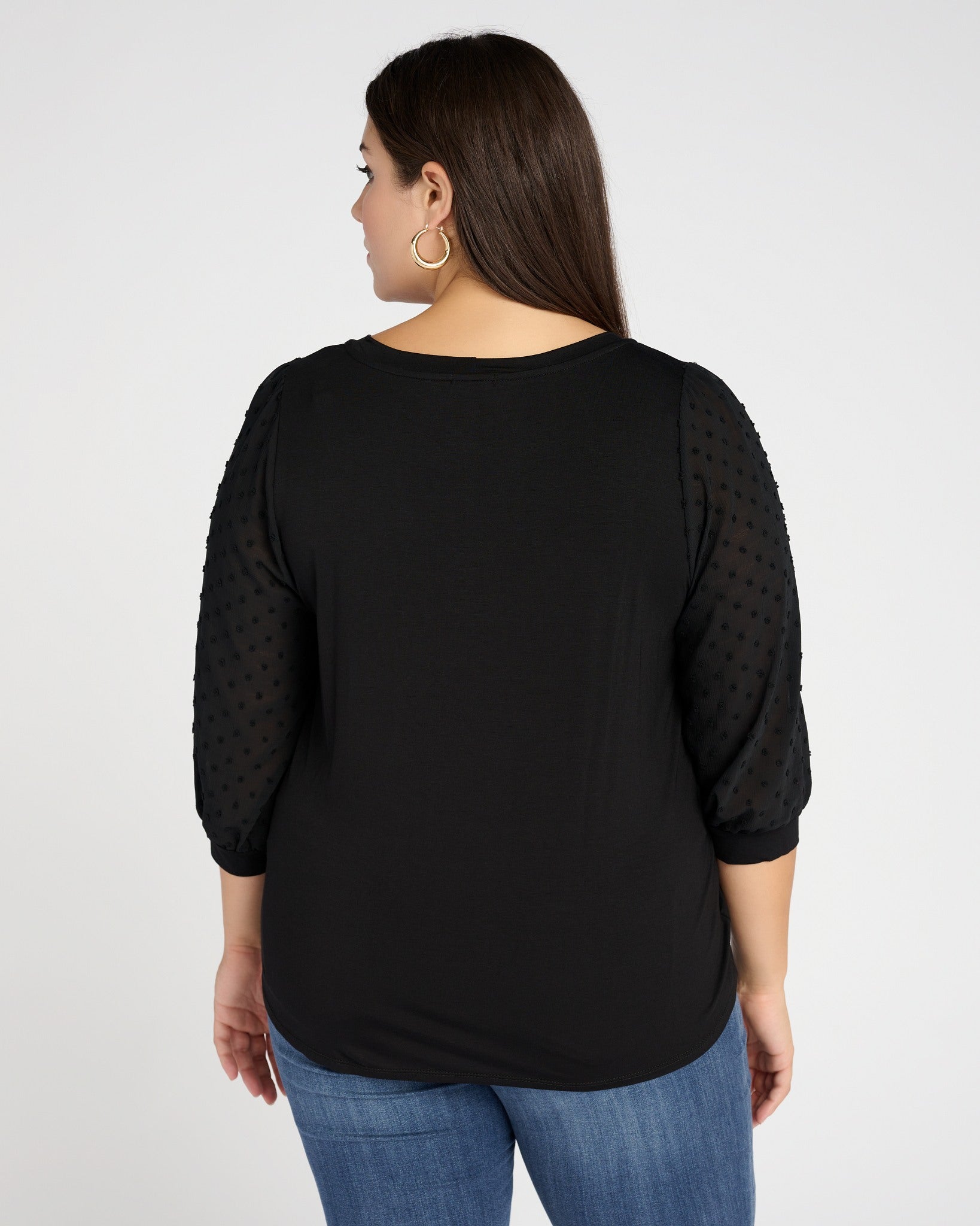 Black $|& West Kei 3/4 Sleeve Knit Body Swiss Dot Sleeve Top - SOF Back