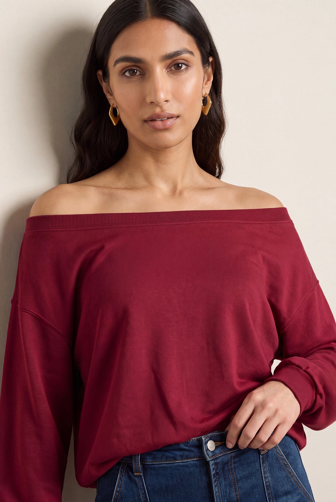 Cabernet $|& SEAS Brooksville One Shoulder Sweatshirt - SOF Detail