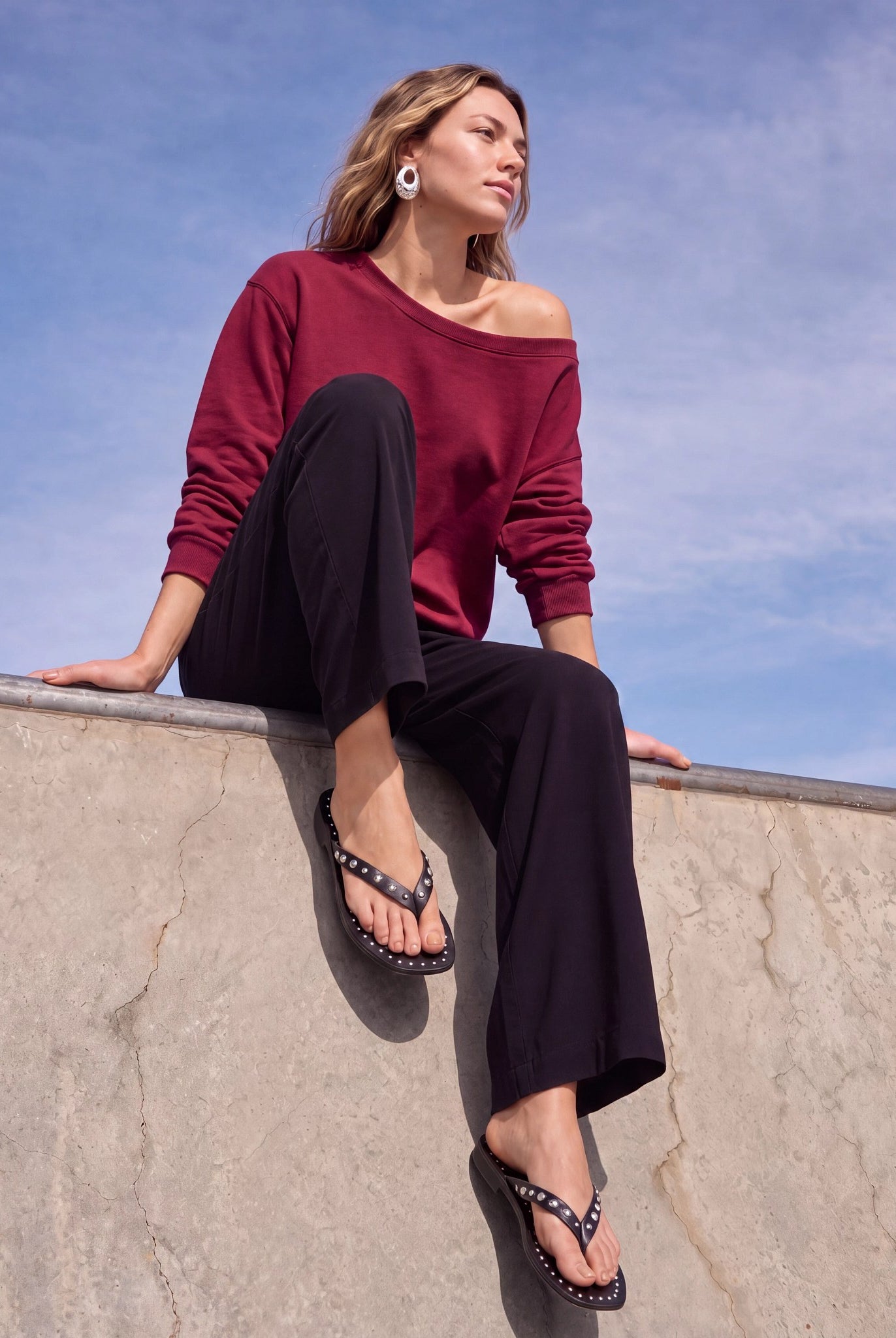 Cabernet $|& SEAS Brooksville One Shoulder Sweatshirt - SOF Front