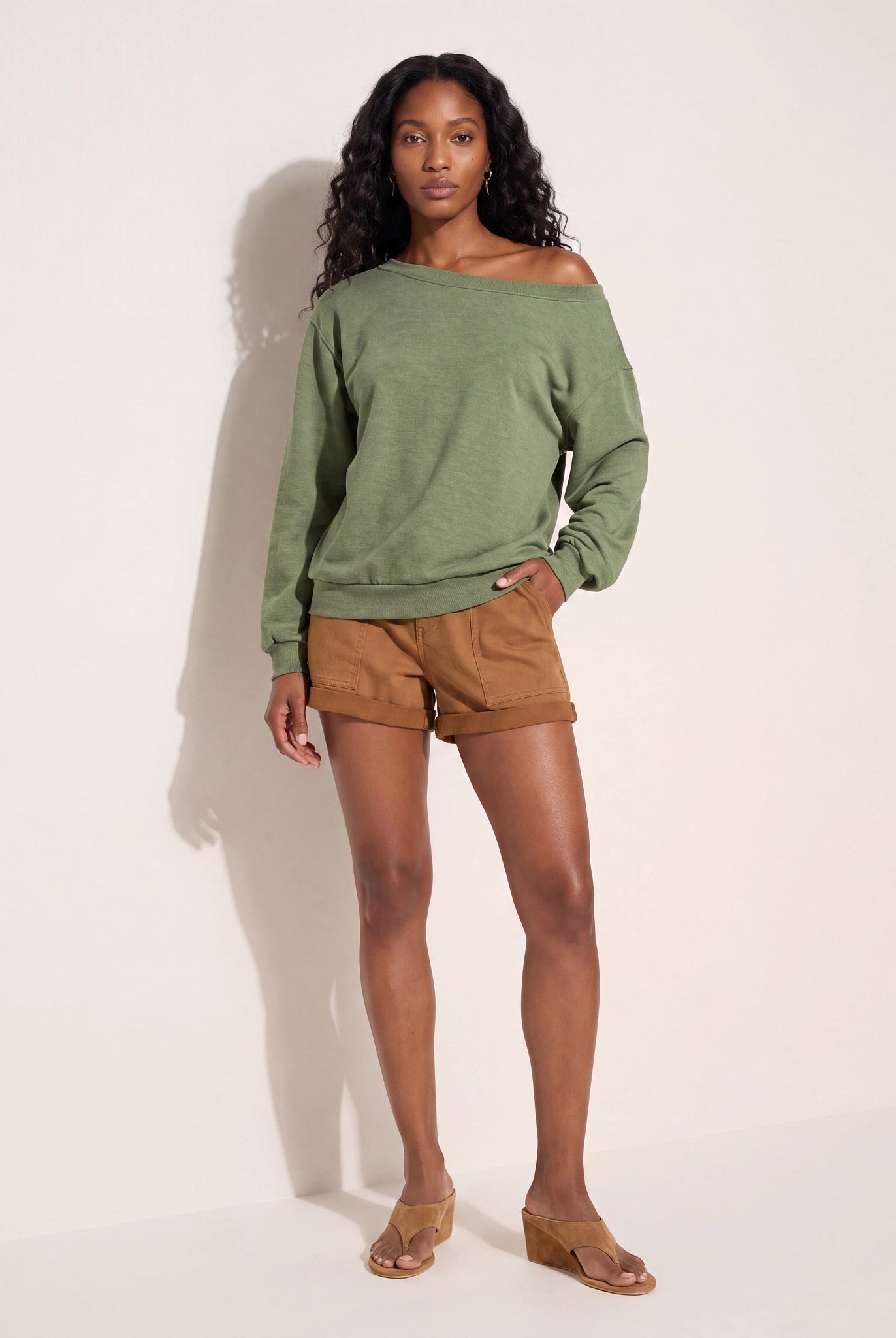 Light Olive $|& SEAS Brooksville One Shoulder Sweatshirt - UGC On Fig