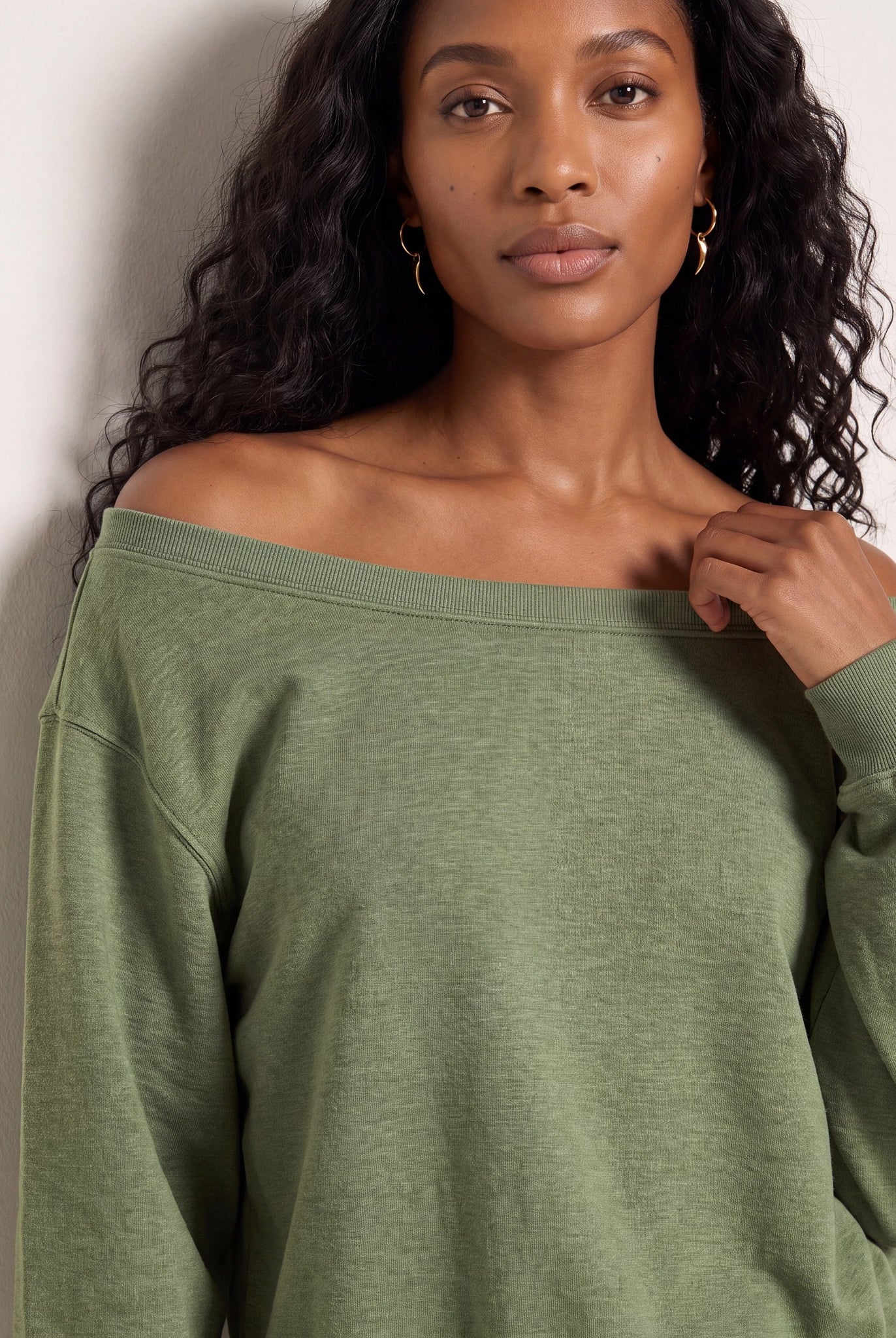 Light Olive $|& SEAS Brooksville One Shoulder Sweatshirt - SOF Full Front
