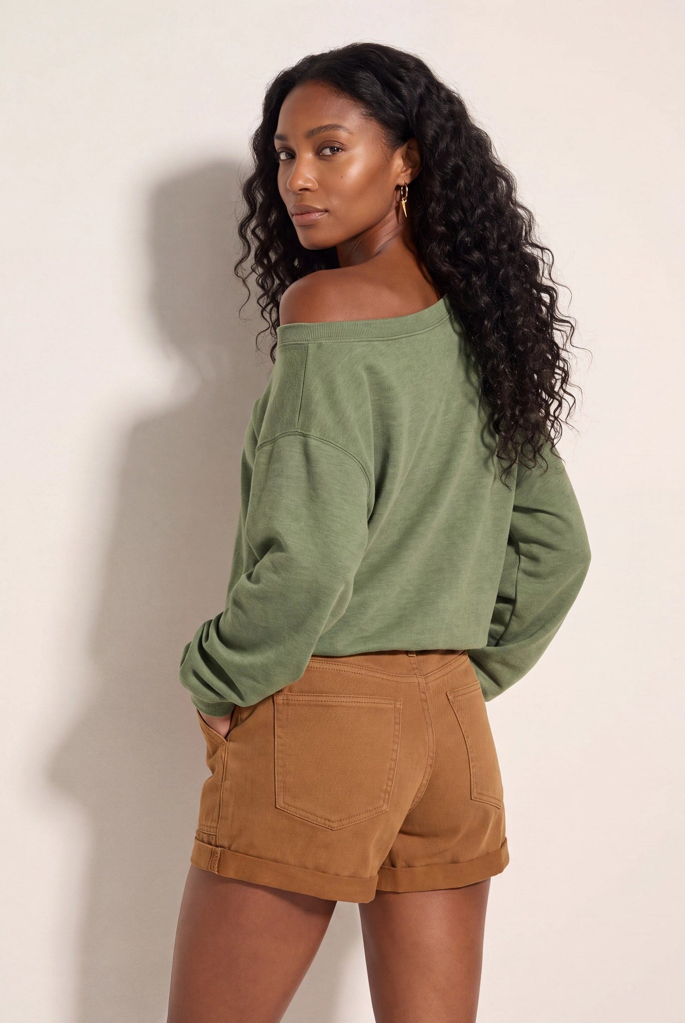 Light Olive $|& SEAS Brooksville One Shoulder Sweatshirt - SOF Back