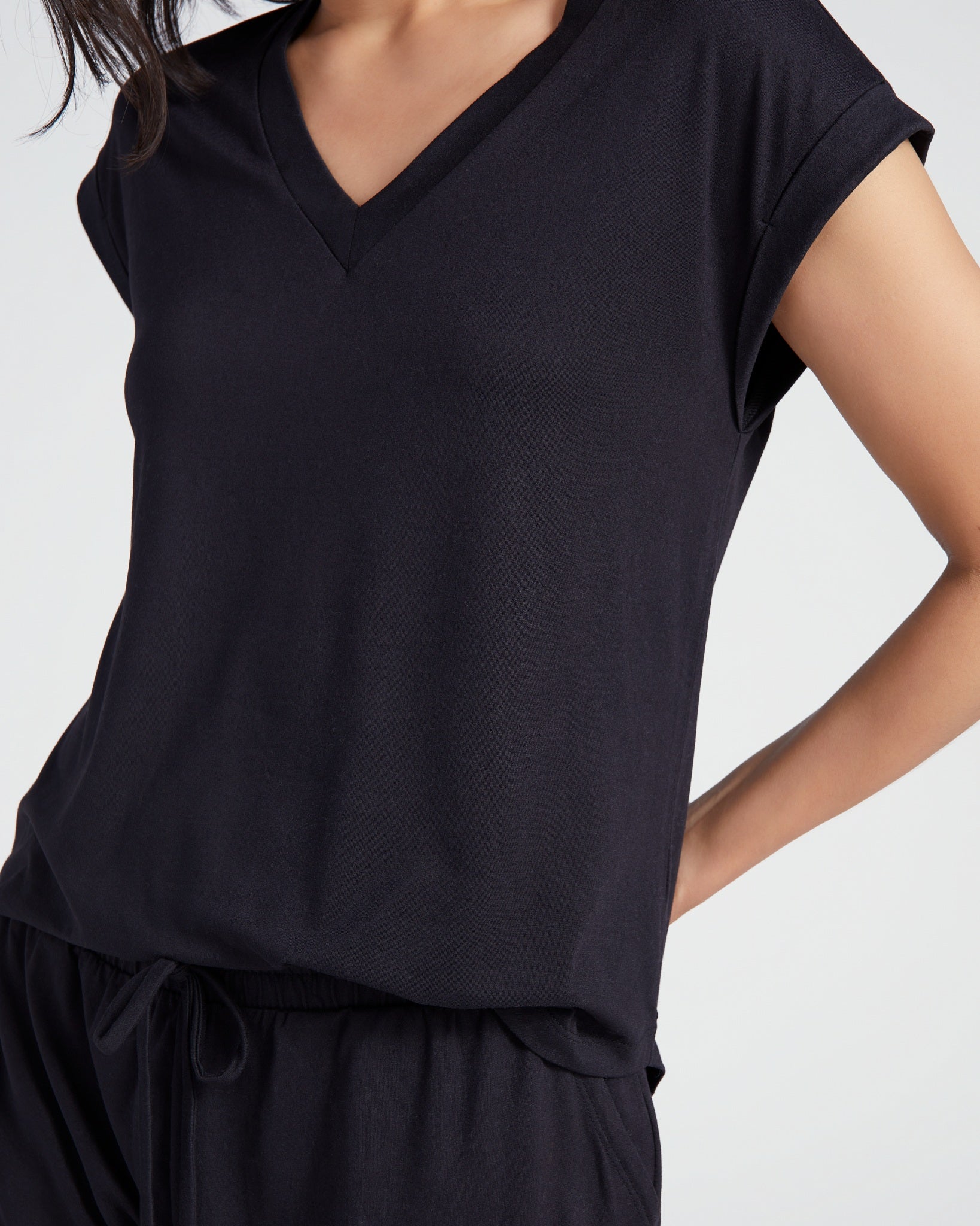 Black $|& Bobeau French Terry V-Neck and Short Set - SOF Detail