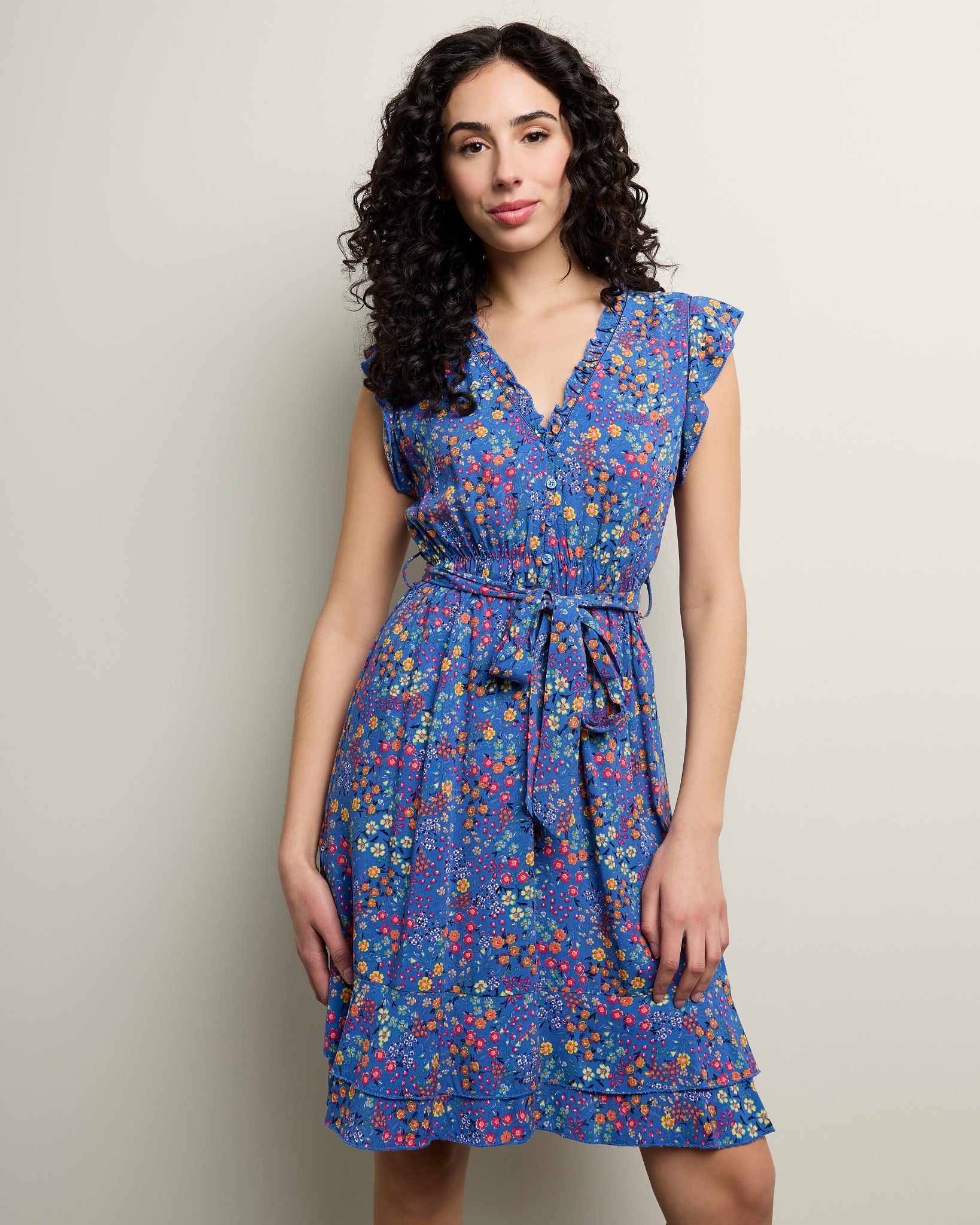 Blue $|& Apricot Ditsy Spritz Ruffle V-Neck Dress - SOF Front