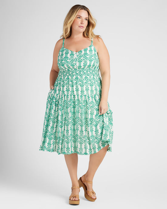 White/Kelly Green $|& Skies Are Blue Print Midi Dress - SOF Front