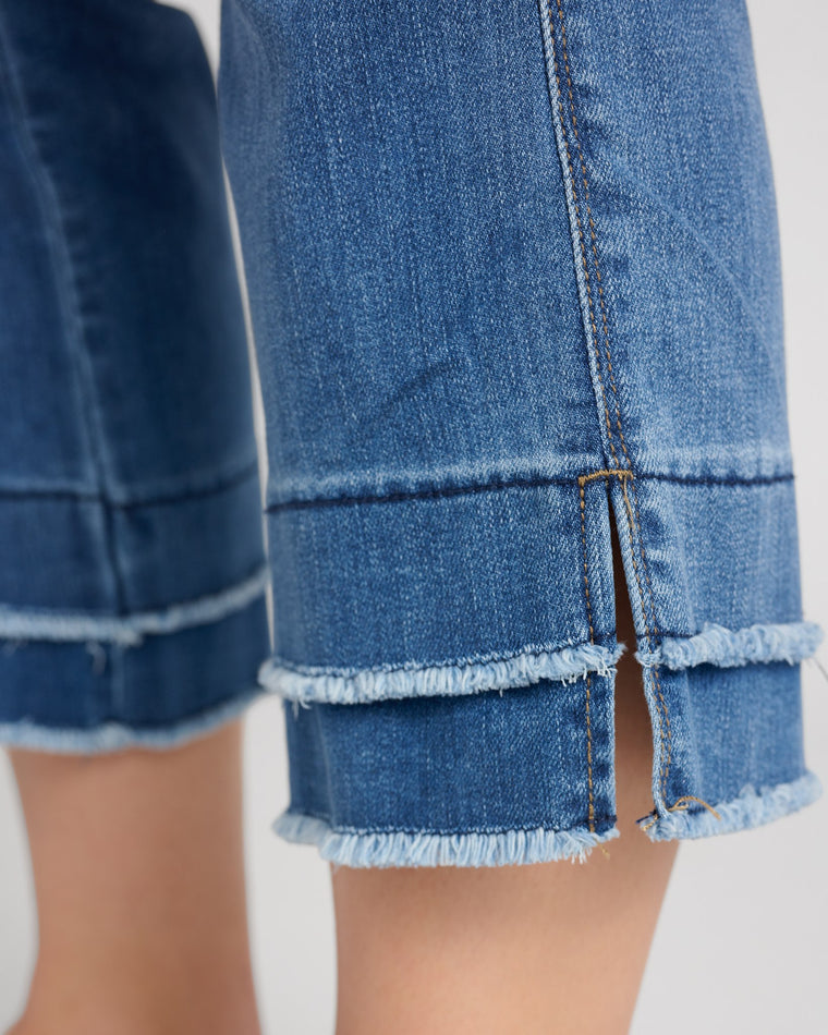 Mid Blue $|& Democracy Absolution Kick Flare Jeans with Frayed Hem - SOF Detail