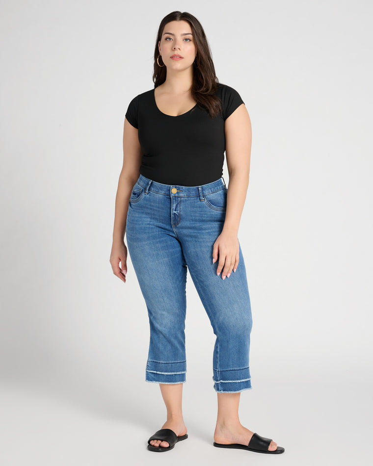 Mid Blue $|& Democracy Absolution Kick Flare Jeans with Frayed Hem - SOF Full Front