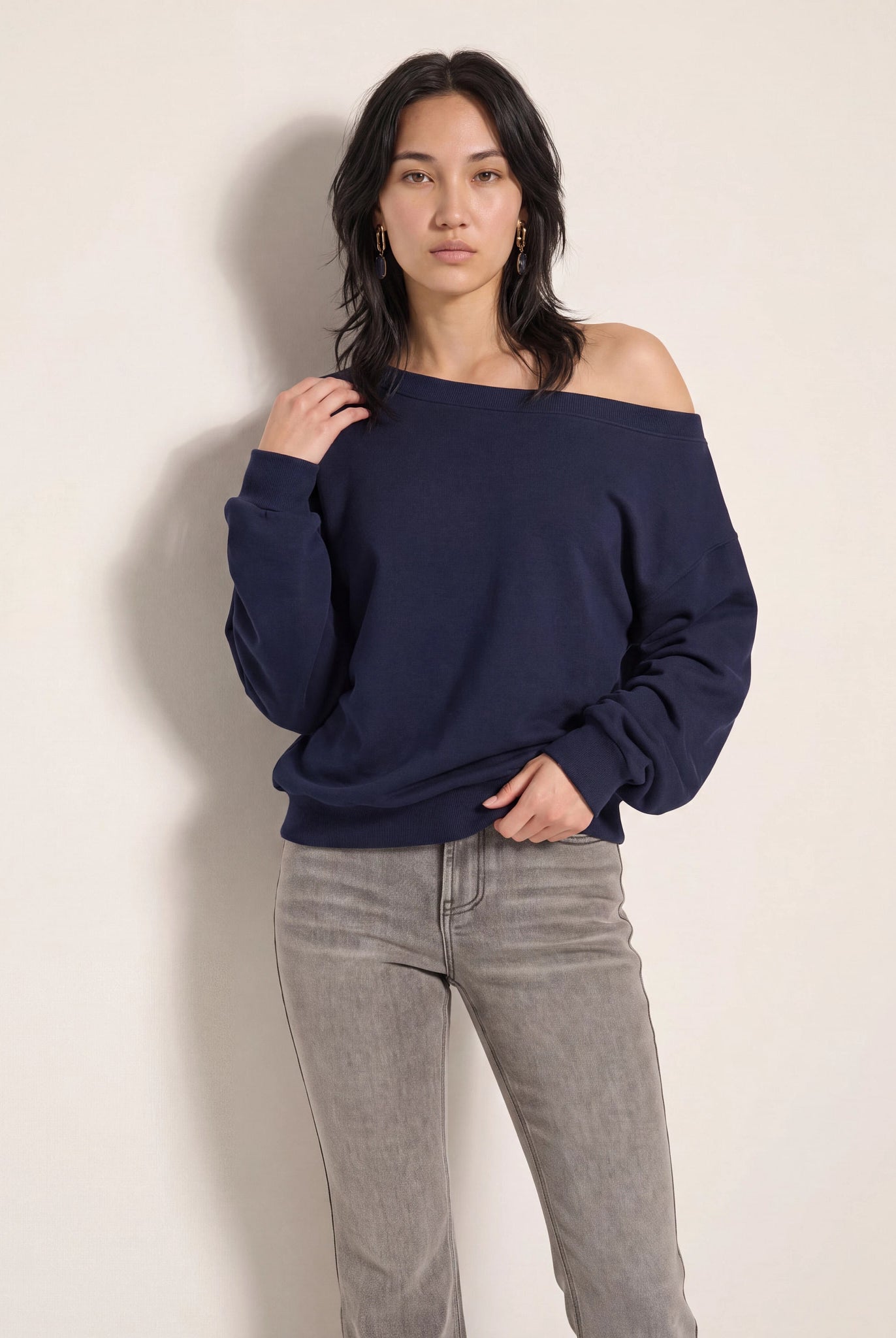 Navy $|& SEAS Brooksville One Shoulder Sweatshirt - SOF Front
