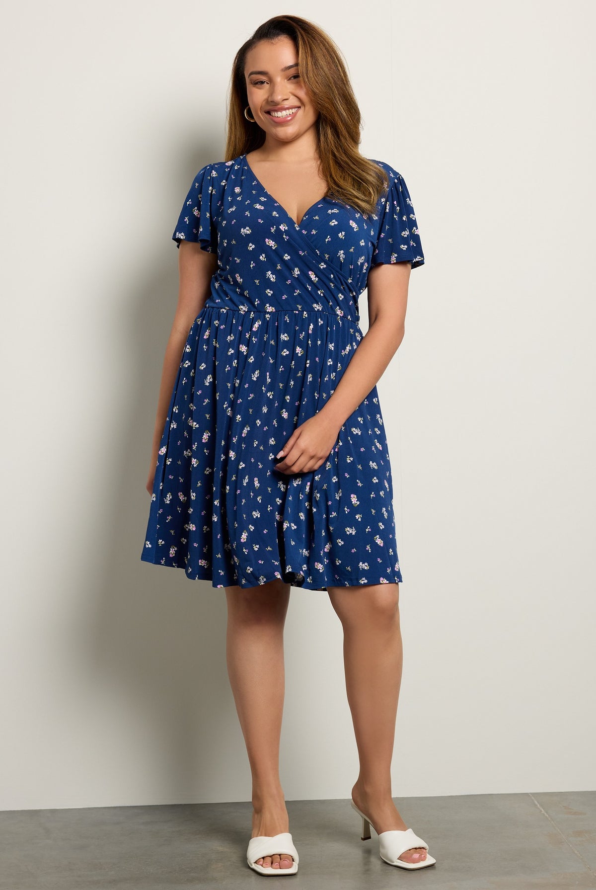 Navy Pink Floral $|& Gilli Short Sleeve Faux Wrap Mini Dress - SOF Front