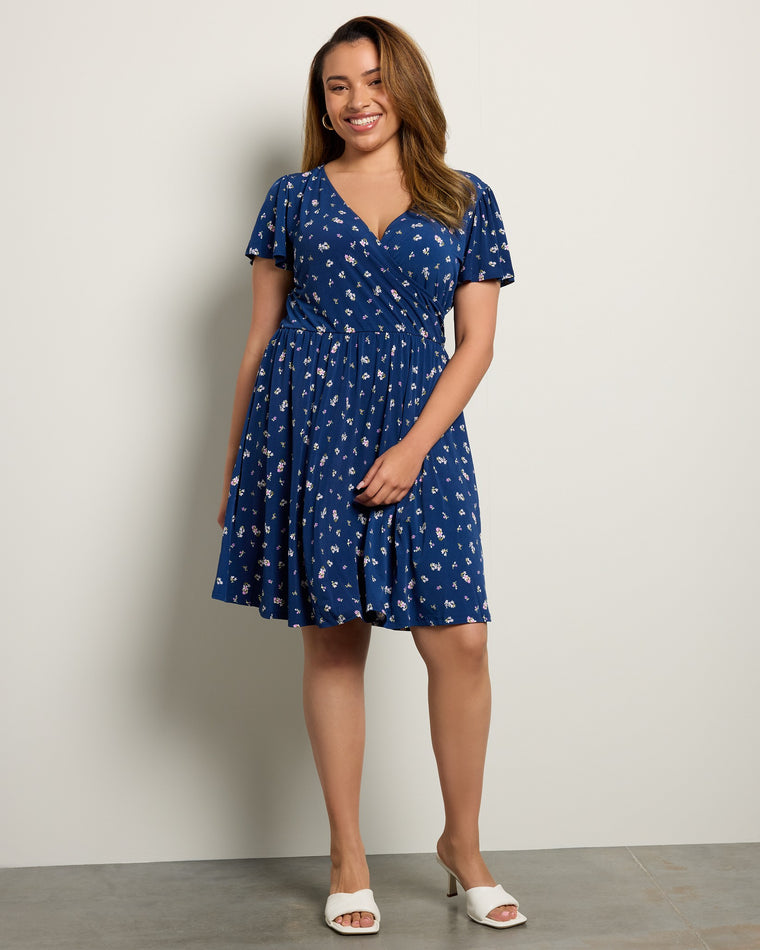 Navy Pink Floral $|& Gilli Short Sleeve Faux Wrap Mini Dress - SOF Front