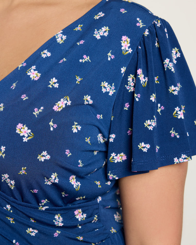 Navy Pink Floral $|& Gilli Short Sleeve Faux Wrap Mini Dress - SOF Detail