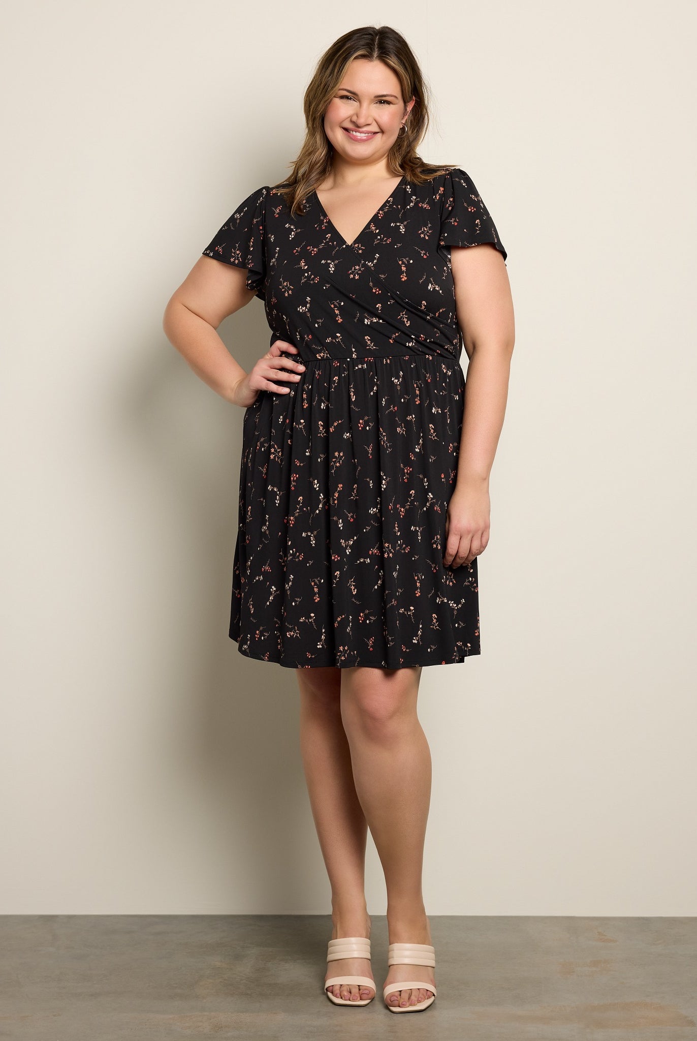 Black Floral $|& Gilli Short Sleeve Faux Wrap Mini Dress - SOF Front