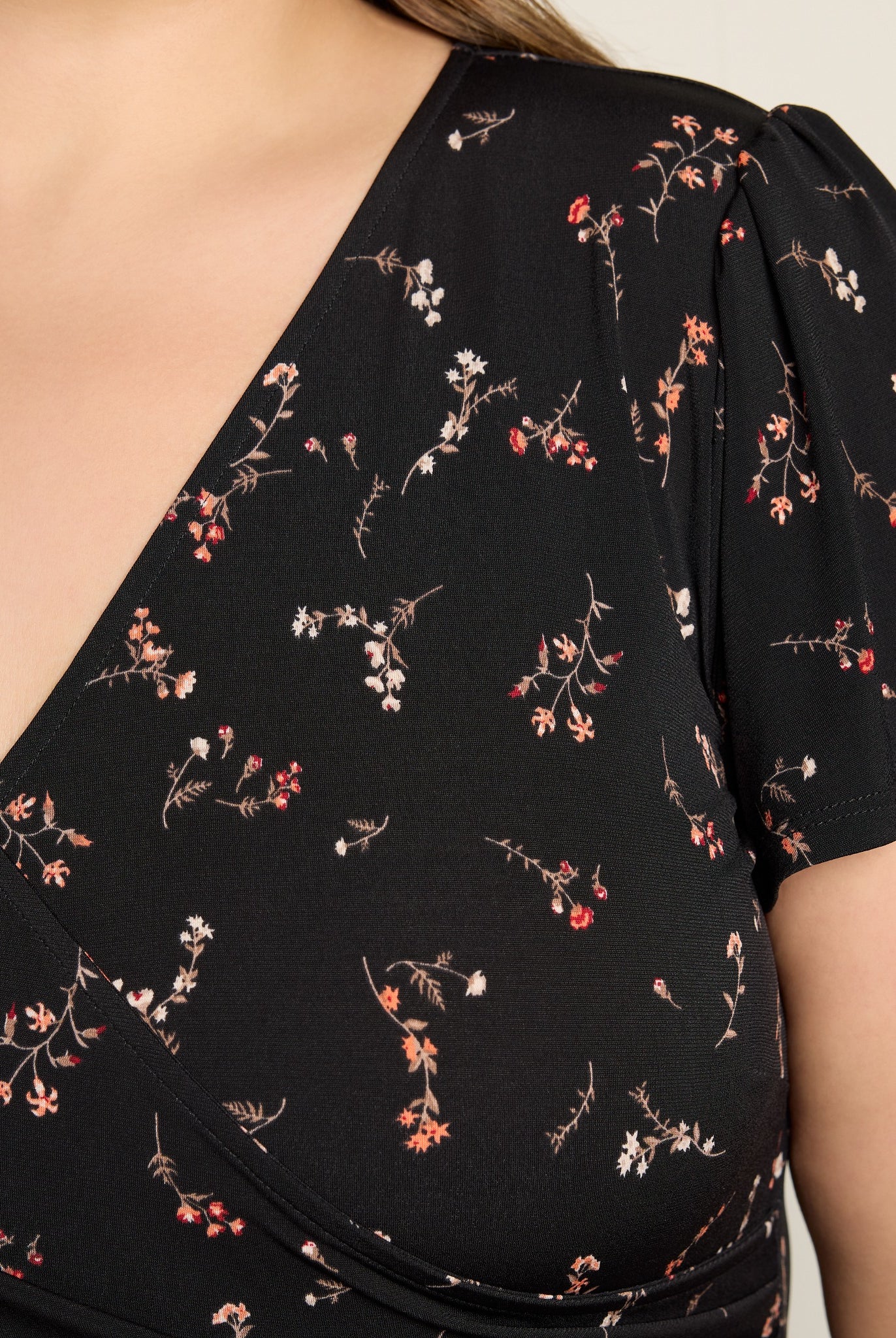 Black Floral $|& Gilli Short Sleeve Faux Wrap Mini Dress - SOF Full Front