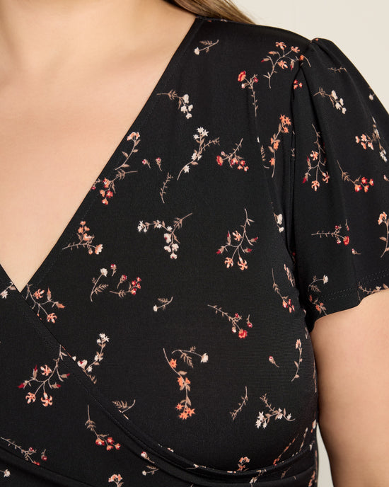 Black Floral $|& Gilli Short Sleeve Faux Wrap Mini Dress - SOF Full Front
