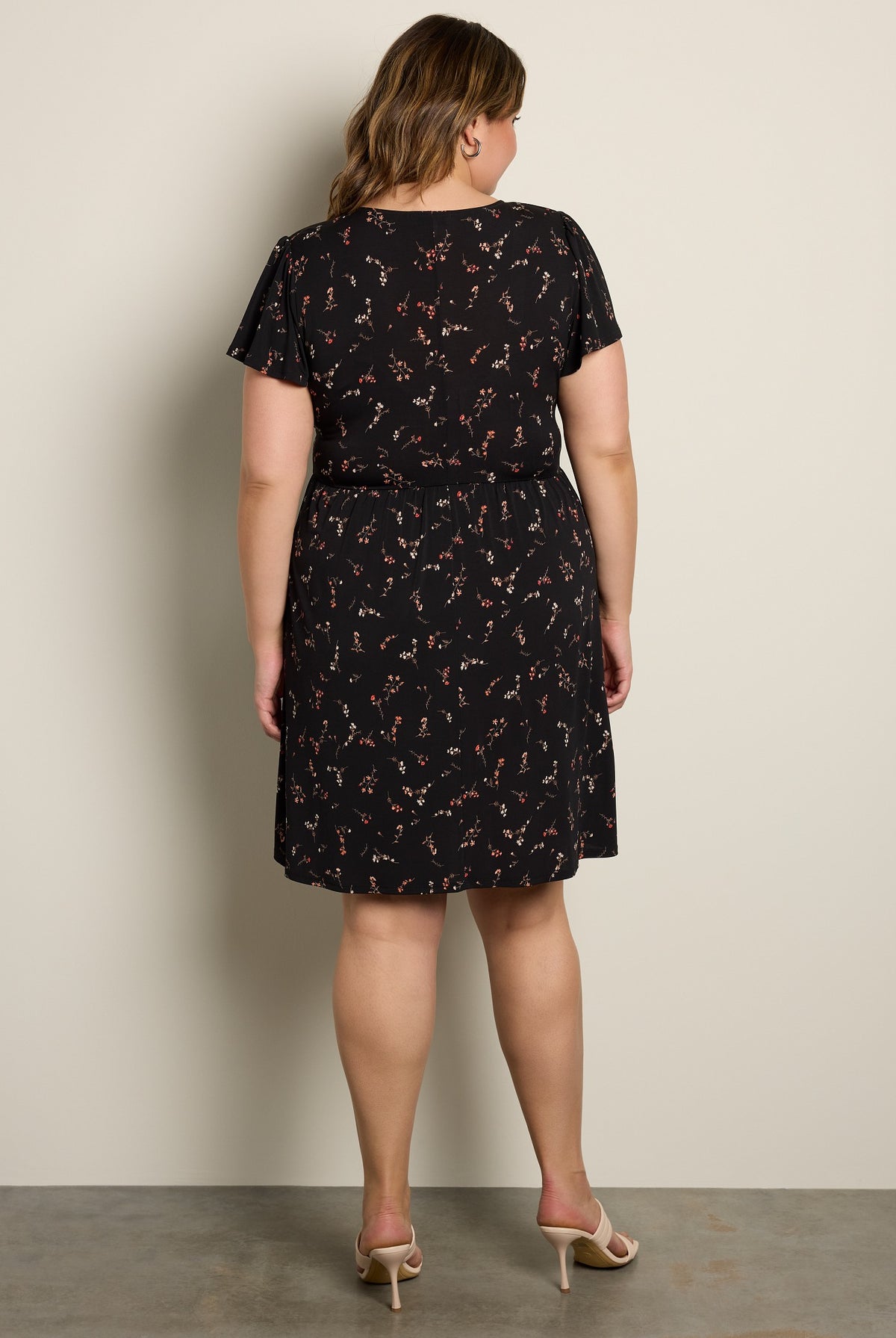Black Floral $|& Gilli Short Sleeve Faux Wrap Mini Dress - SOF Back
