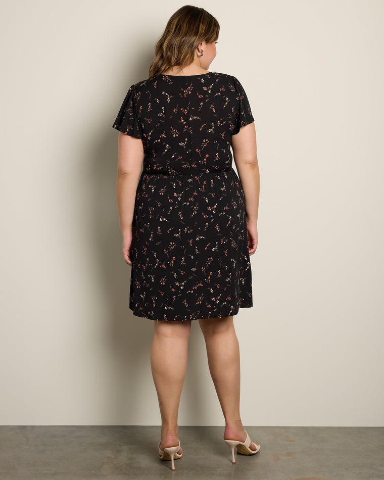 Black Floral $|& Gilli Short Sleeve Faux Wrap Mini Dress - SOF Back