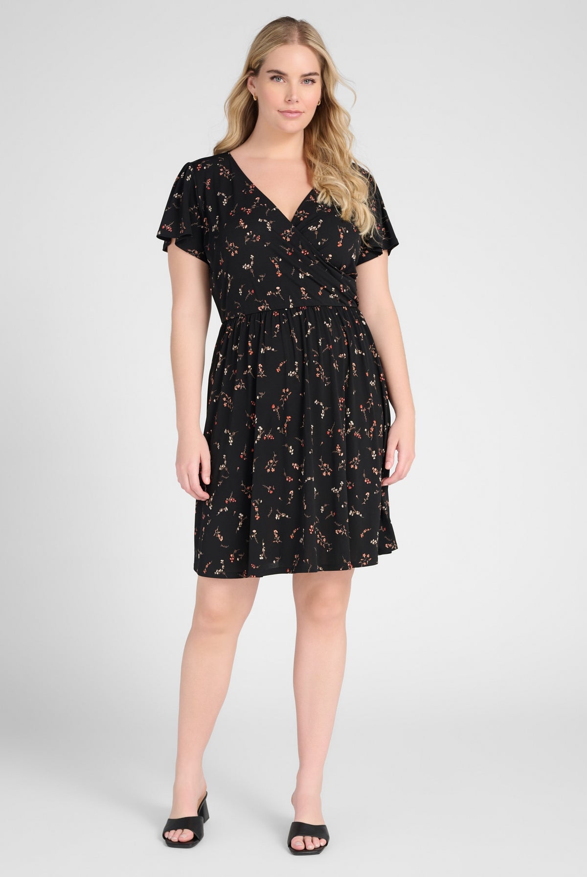 Black Floral $|& Gilli Short Sleeve Faux Wrap Mini Dress - SOF Front