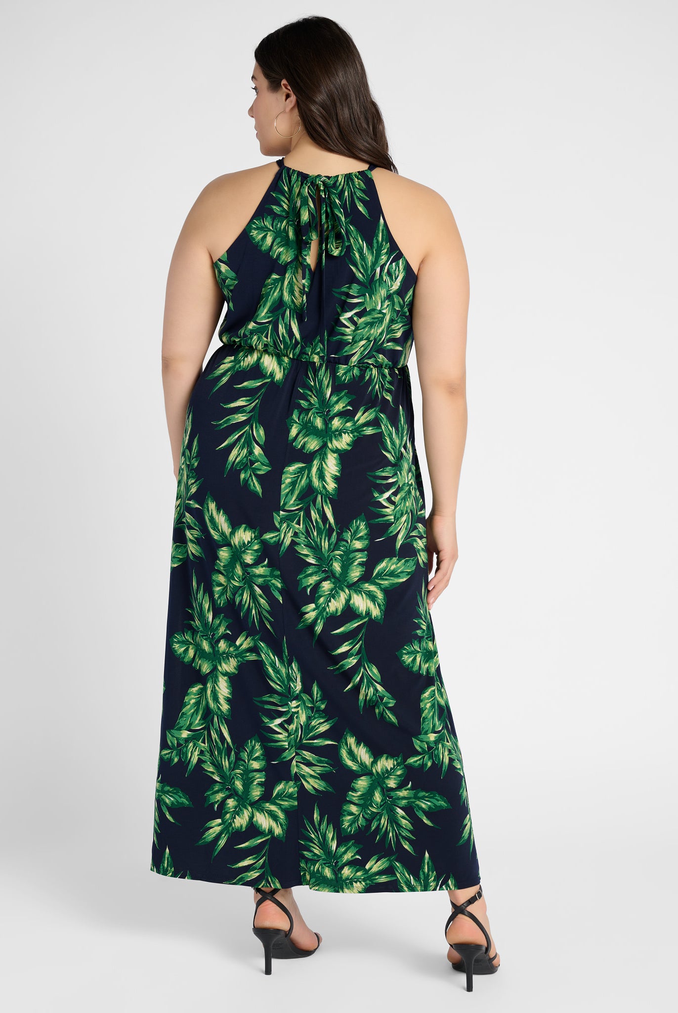 Navy Green Palm $|& Gilli Plus Halter Neck Elastic Waist Maxi Dress - SOF Back