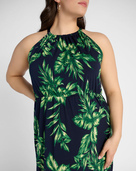 Navy Green Palm $|& Gilli Plus Halter Neck Elastic Waist Maxi Dress - SOF Detail
