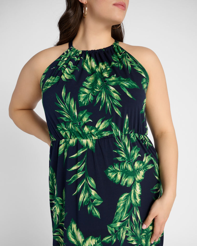 Navy Green Palm $|& Gilli Plus Halter Neck Elastic Waist Maxi Dress - SOF Detail