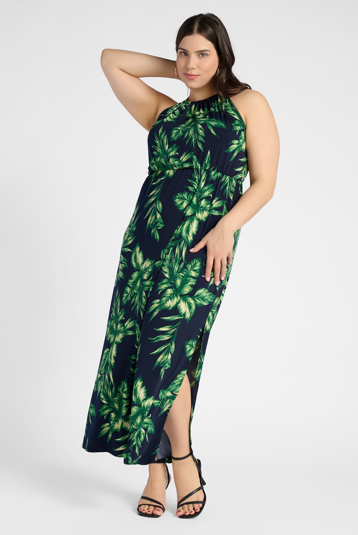 Navy Green Palm $|& Gilli Plus Halter Neck Elastic Waist Maxi Dress - SOF Front