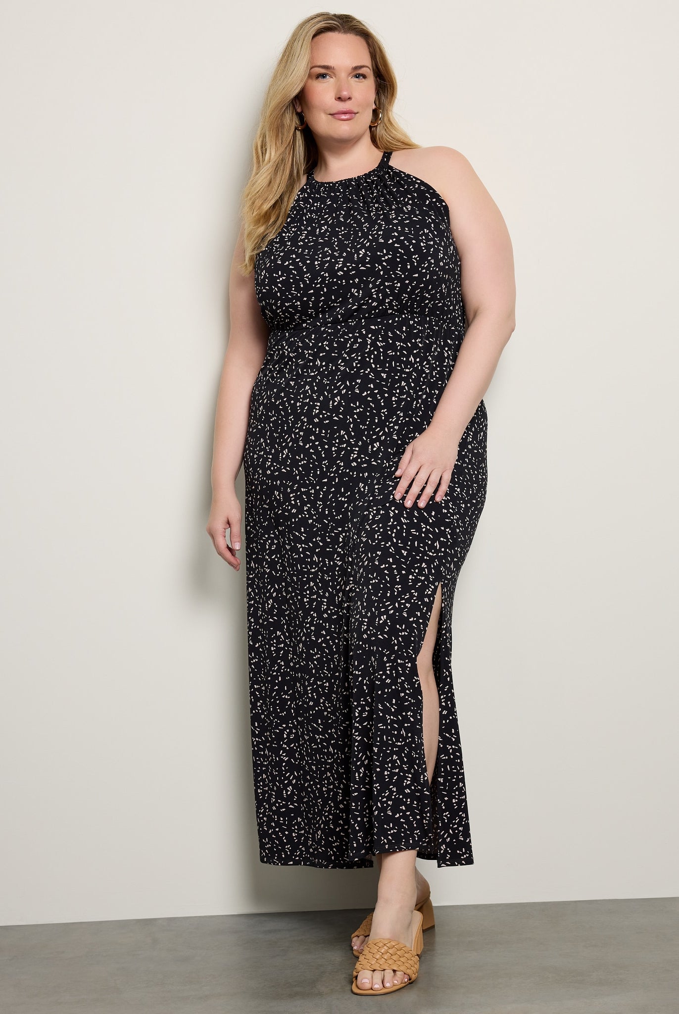 Black Taupe Print $|& Gilli Plus Halter Neck Elastic Waist Maxi Dress - SOF Front