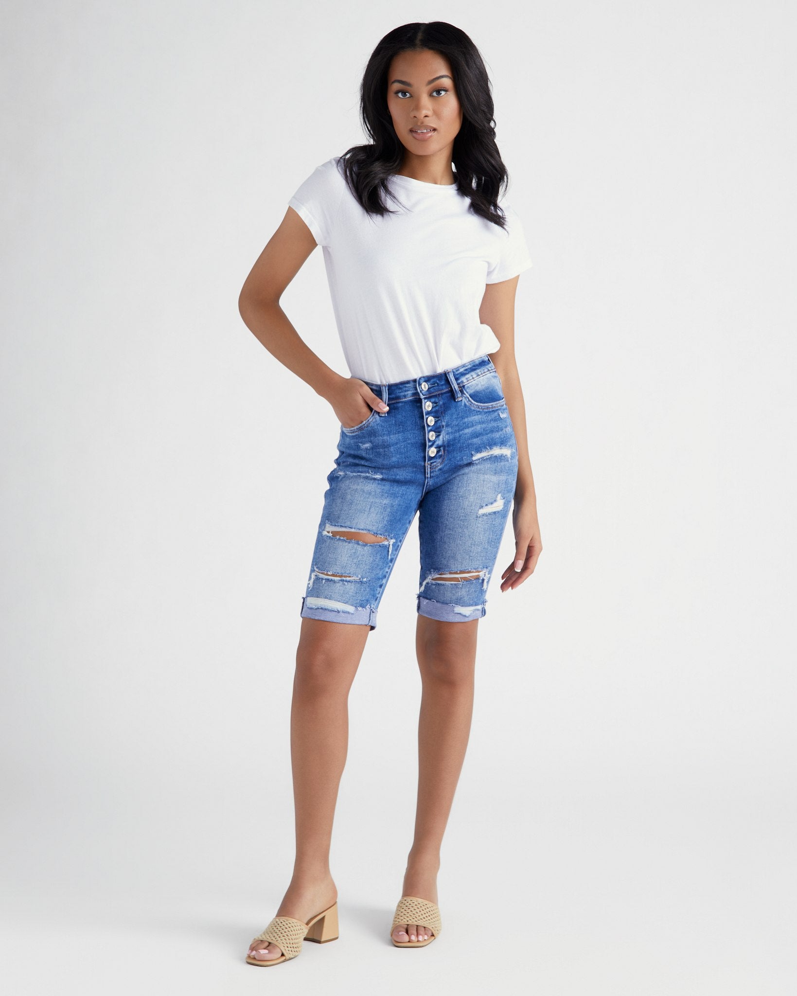 Medium Wash $|& Vervet Mid Rise Distressed Bermuda Short - SOF Full Front