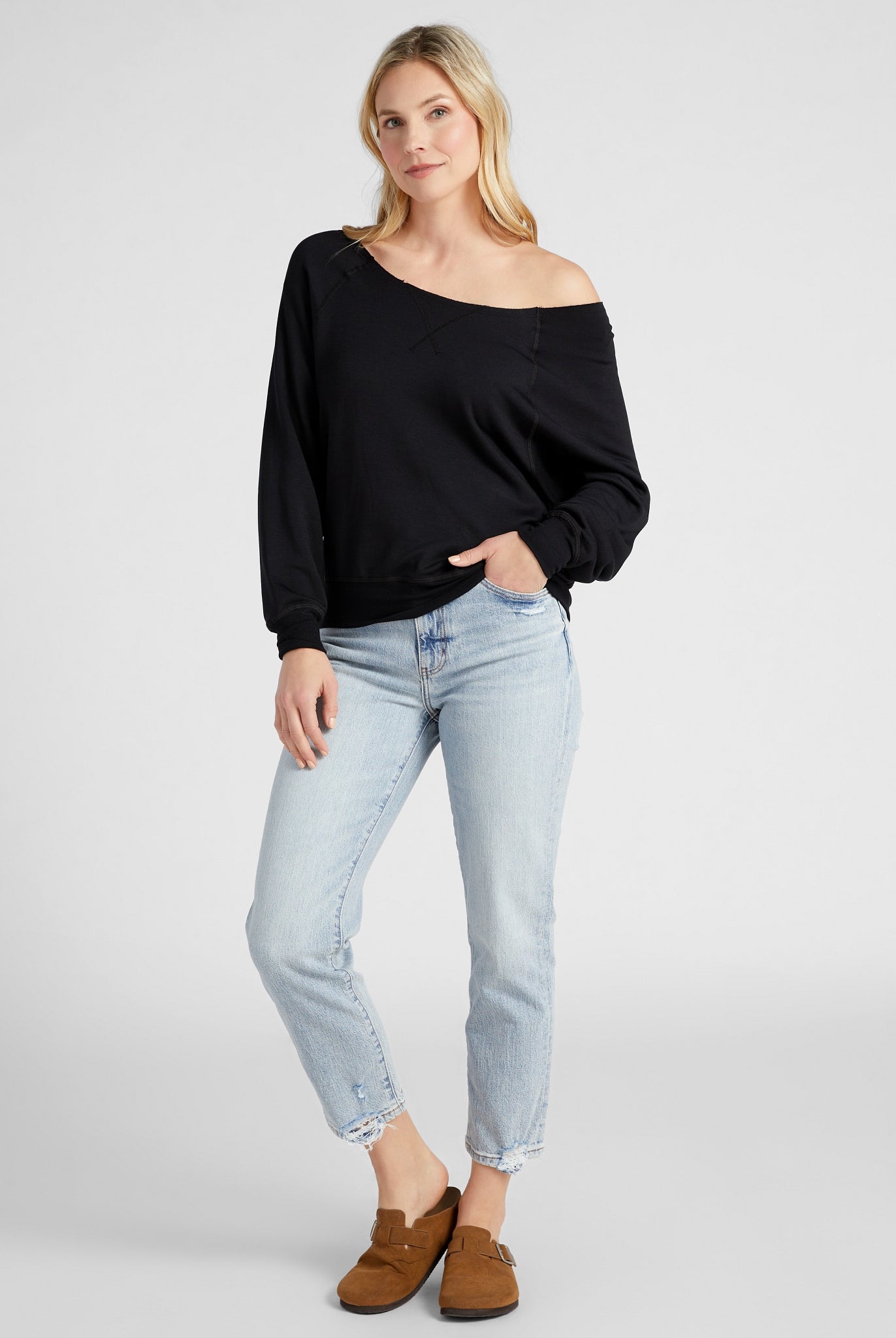 Black $|& Herizon Off the Shoulder Fleece Sweatshirt - SOF Full Front