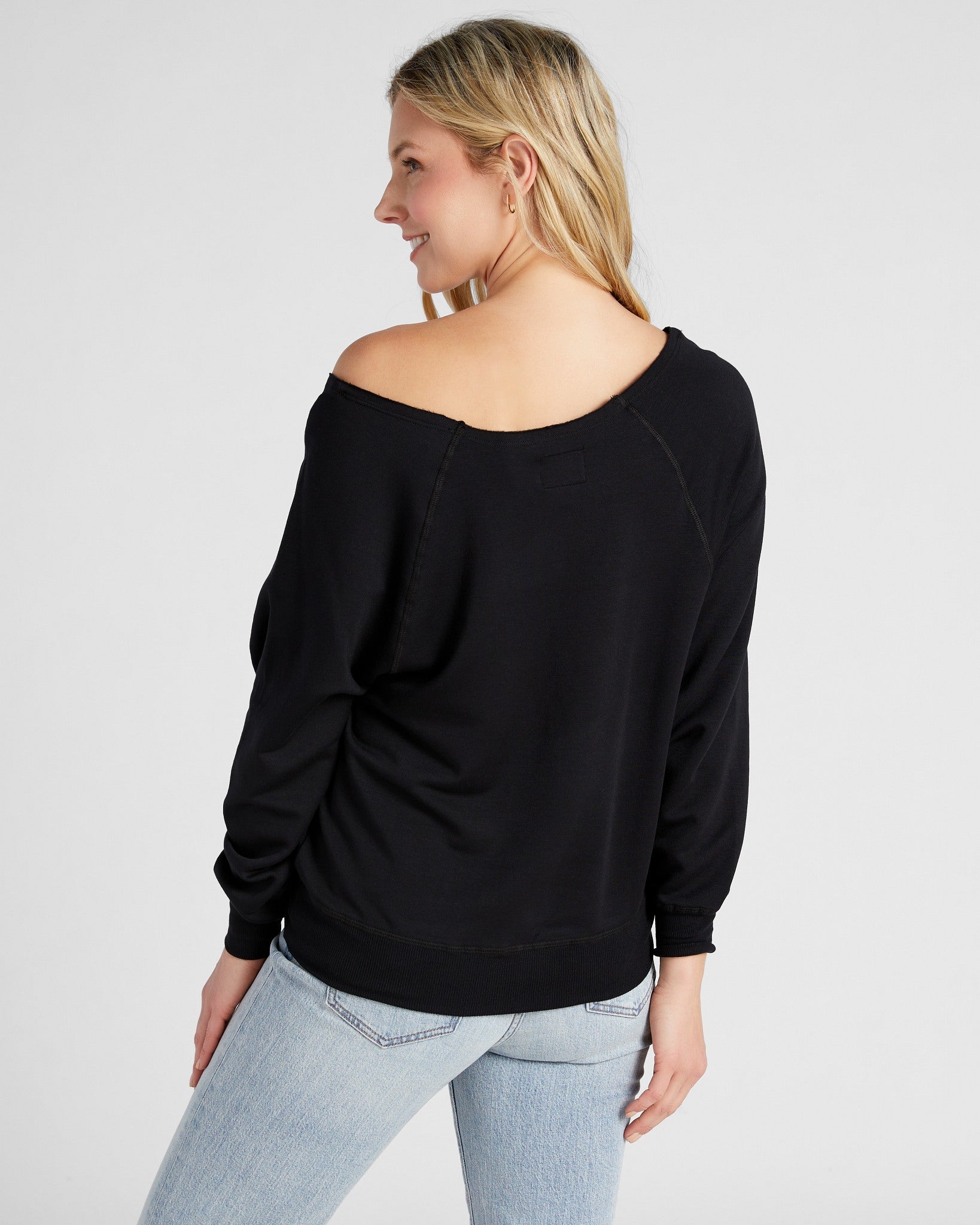 Black $|& Herizon Off the Shoulder Fleece Sweatshirt - SOF Back