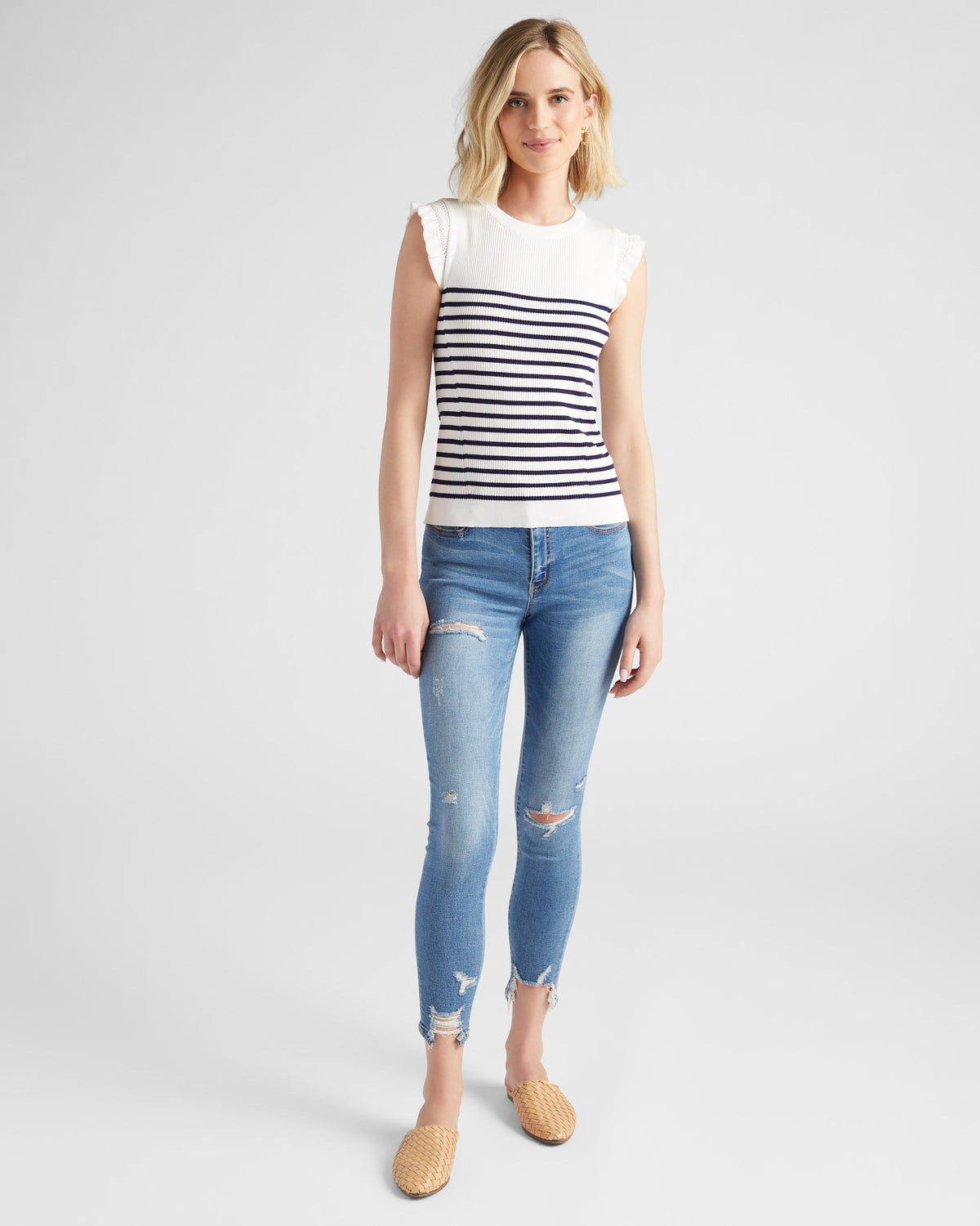 White-Navy $|& Skies Are Blue Ruffle Sleeve Ribbed Striped Top - UGC On Fig