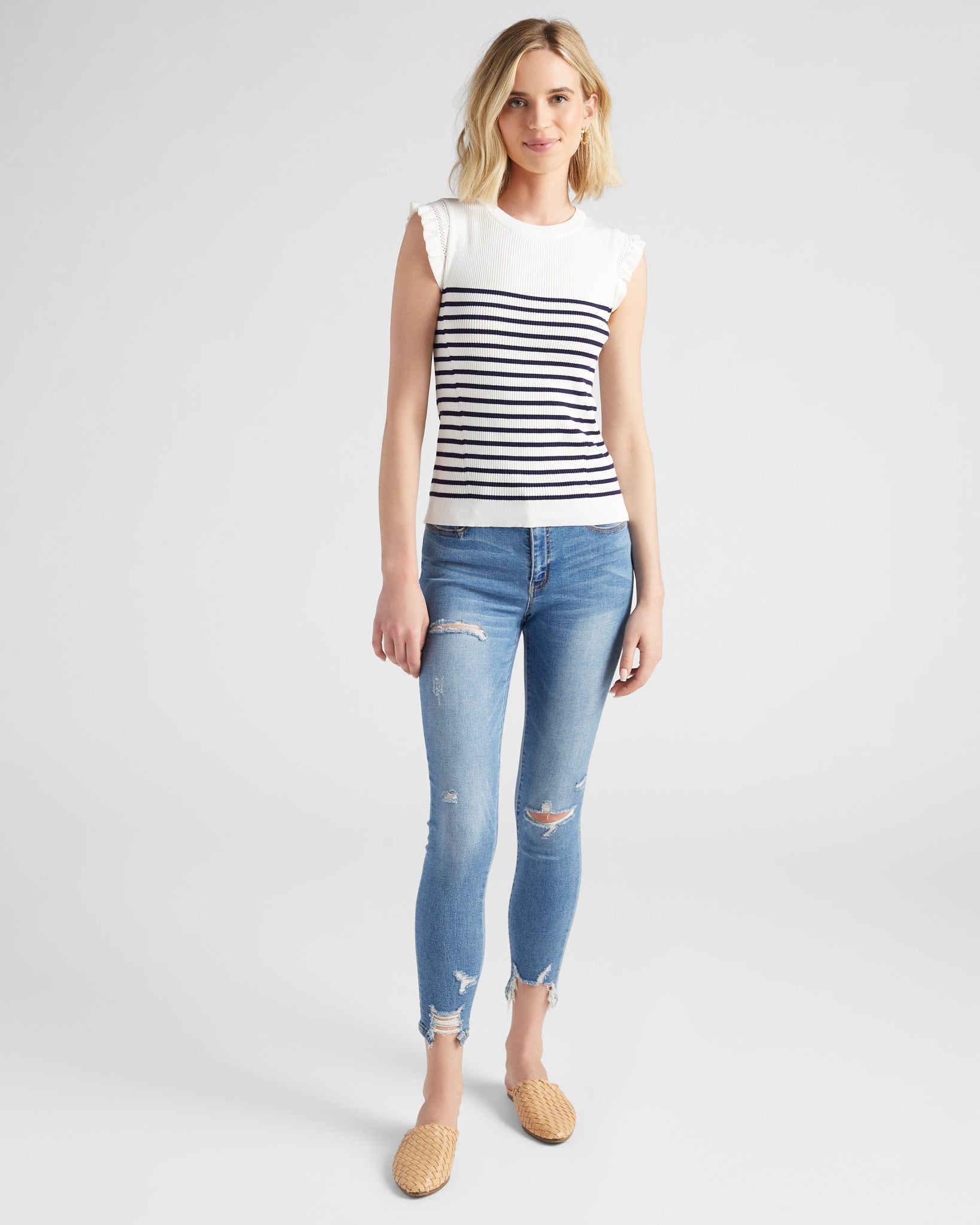 White-Navy $|& Skies Are Blue Ruffle Sleeve Ribbed Striped Top - UGC On Fig