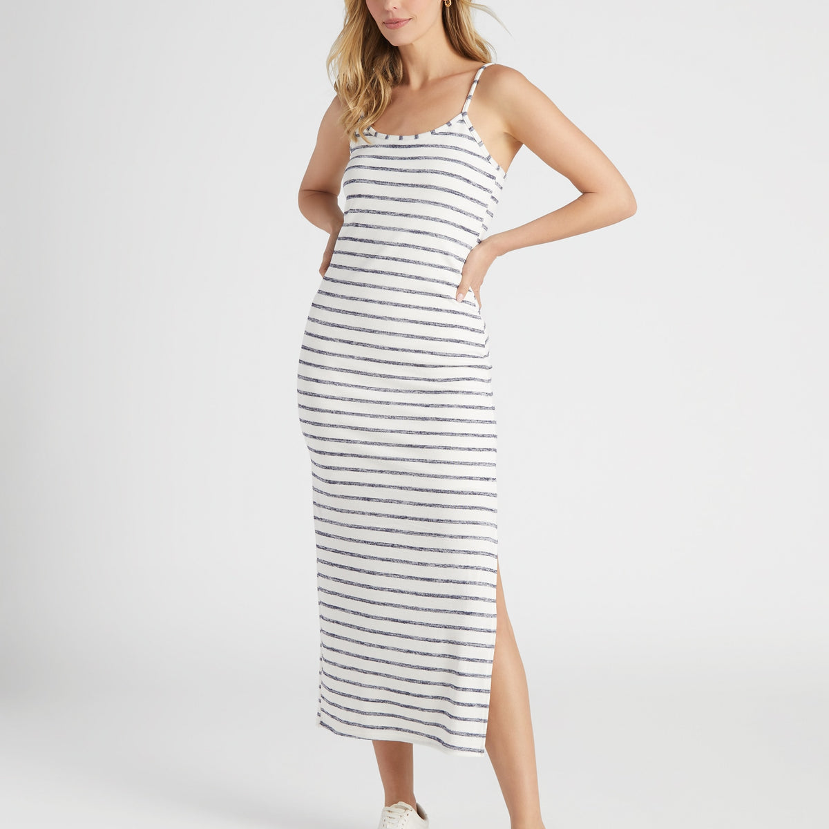 Knit Striped Tank Dress - Stretchy Midi with Slit Wantable Knit Striped Tank Dress - Stretchy Midi with Slit Wantable