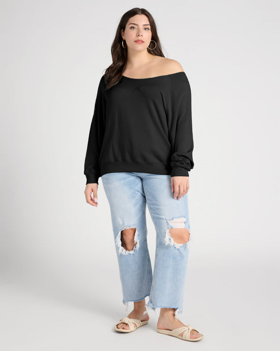 Black $|& Herizon Off the Shoulder Fleece Sweatshirt - SOF Full Front