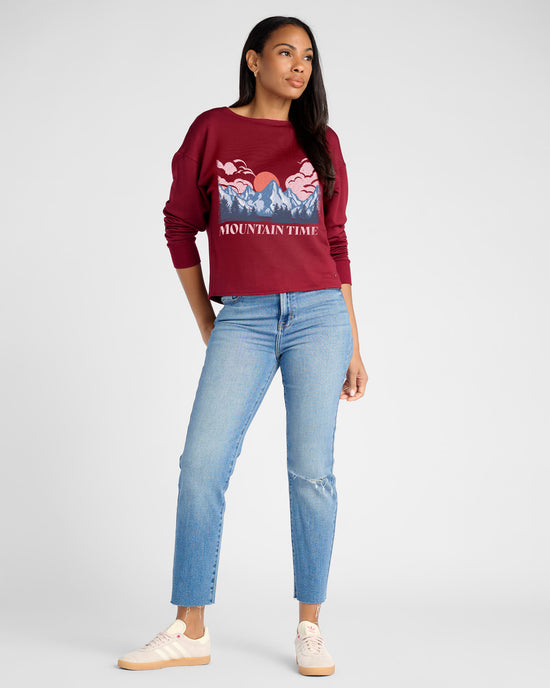 Cabernet $|& Herizon Mountain Time Graphic Raw Edge Pullover - SOF Full Front