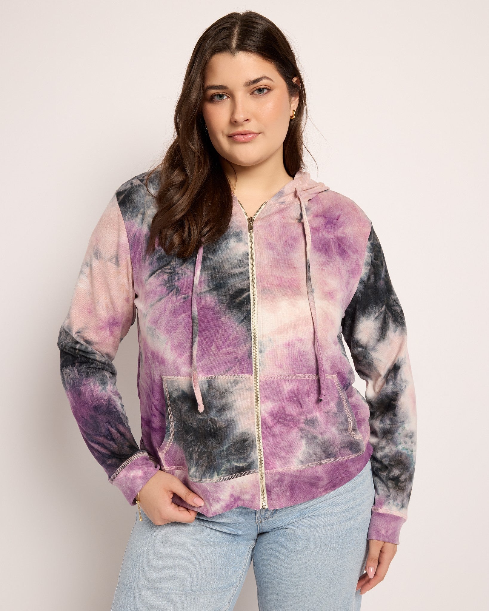 Purple Black Tie dye $|& SEAS Tie Dye Sweater Knit Full Zip Hoodie - SOF Front