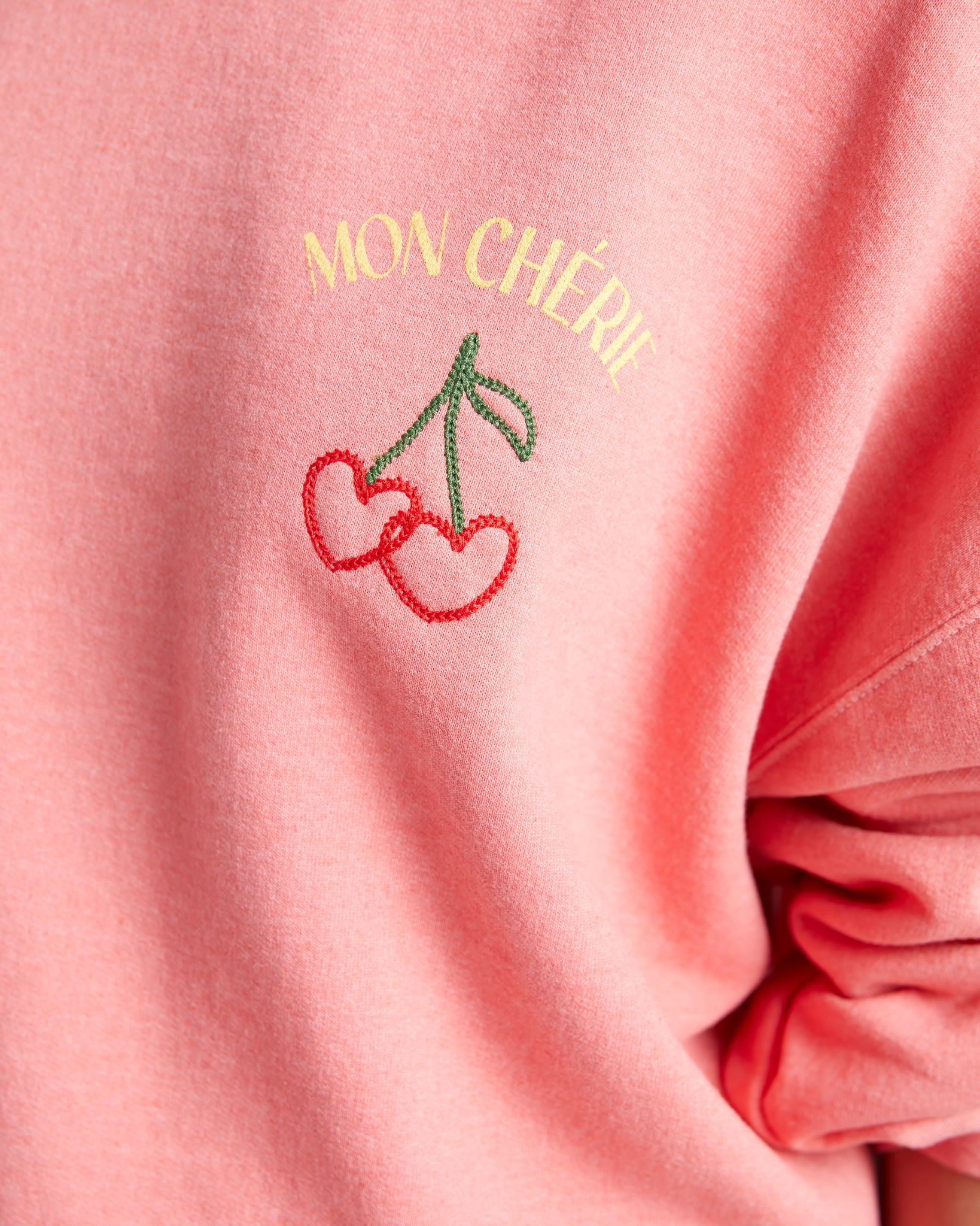 Sunset Coral $|& Project Social T Mon Cherie Embroidered Sweatshirt - SOF Detail