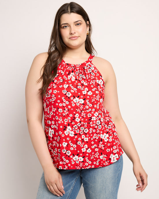 Red/ Black $|& Loveappella Floral Halter Tank - SOF Front