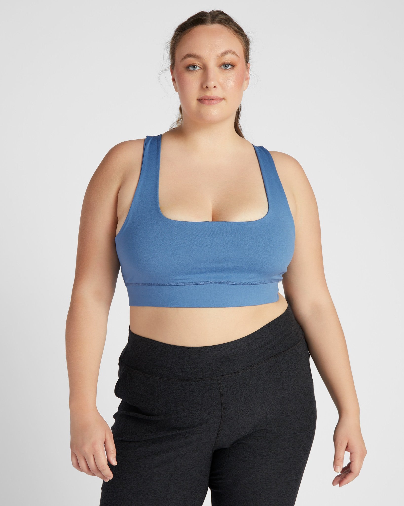 Dusty Blue $|& Interval Spacedye Square Neck Open Back Bra - SOF Front