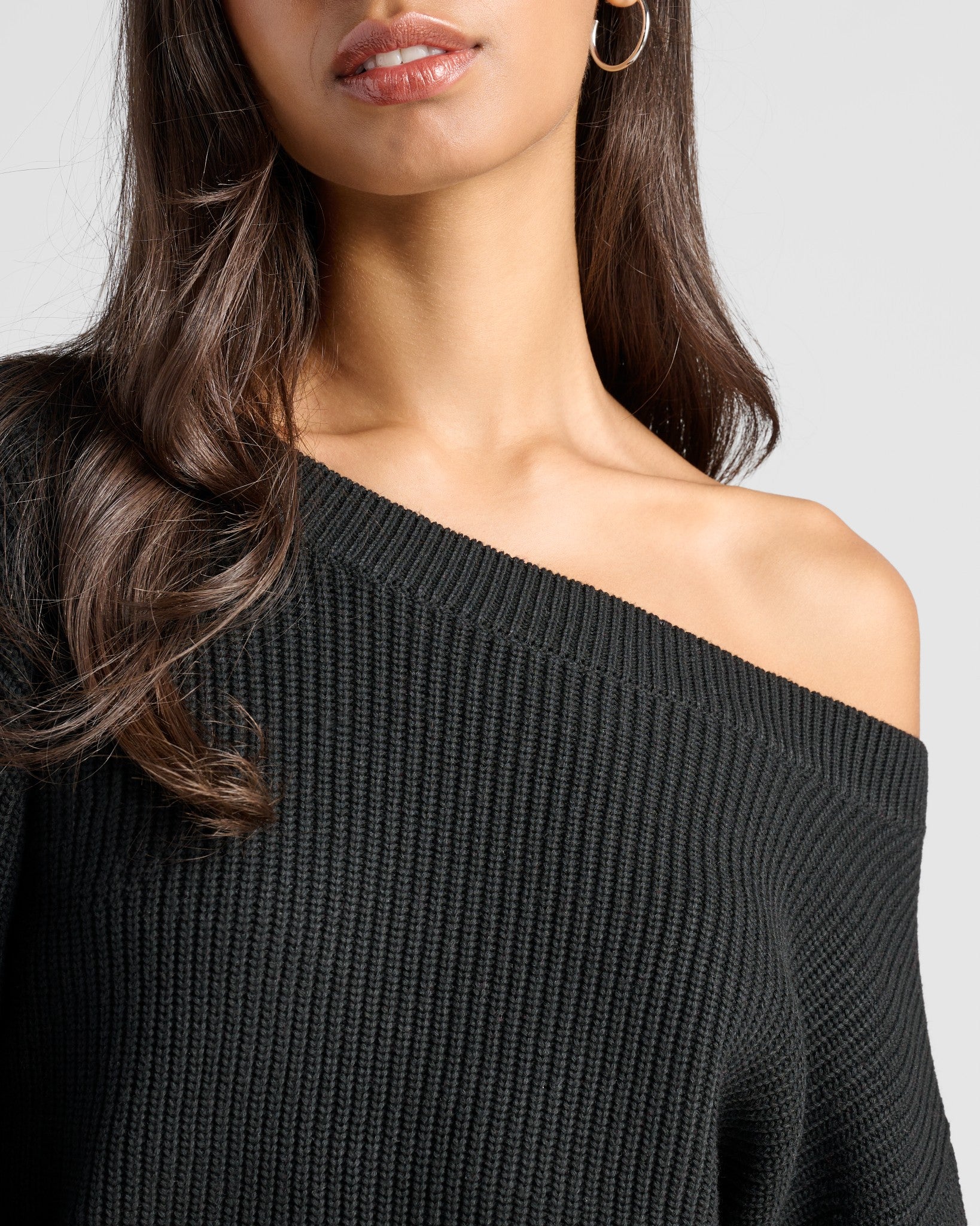 Black $|& SEAS Coastal One Shoulder Sweater - SOF Detail