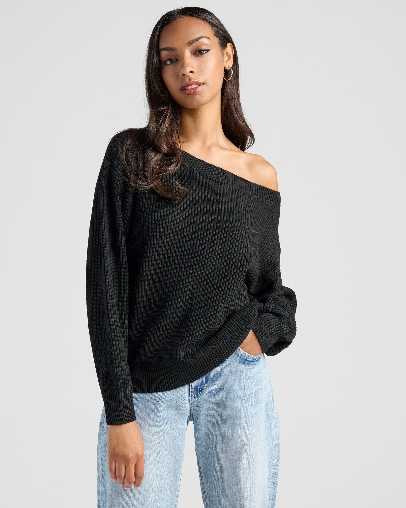 Black $|& SEAS Coastal One Shoulder Sweater - SOF Front