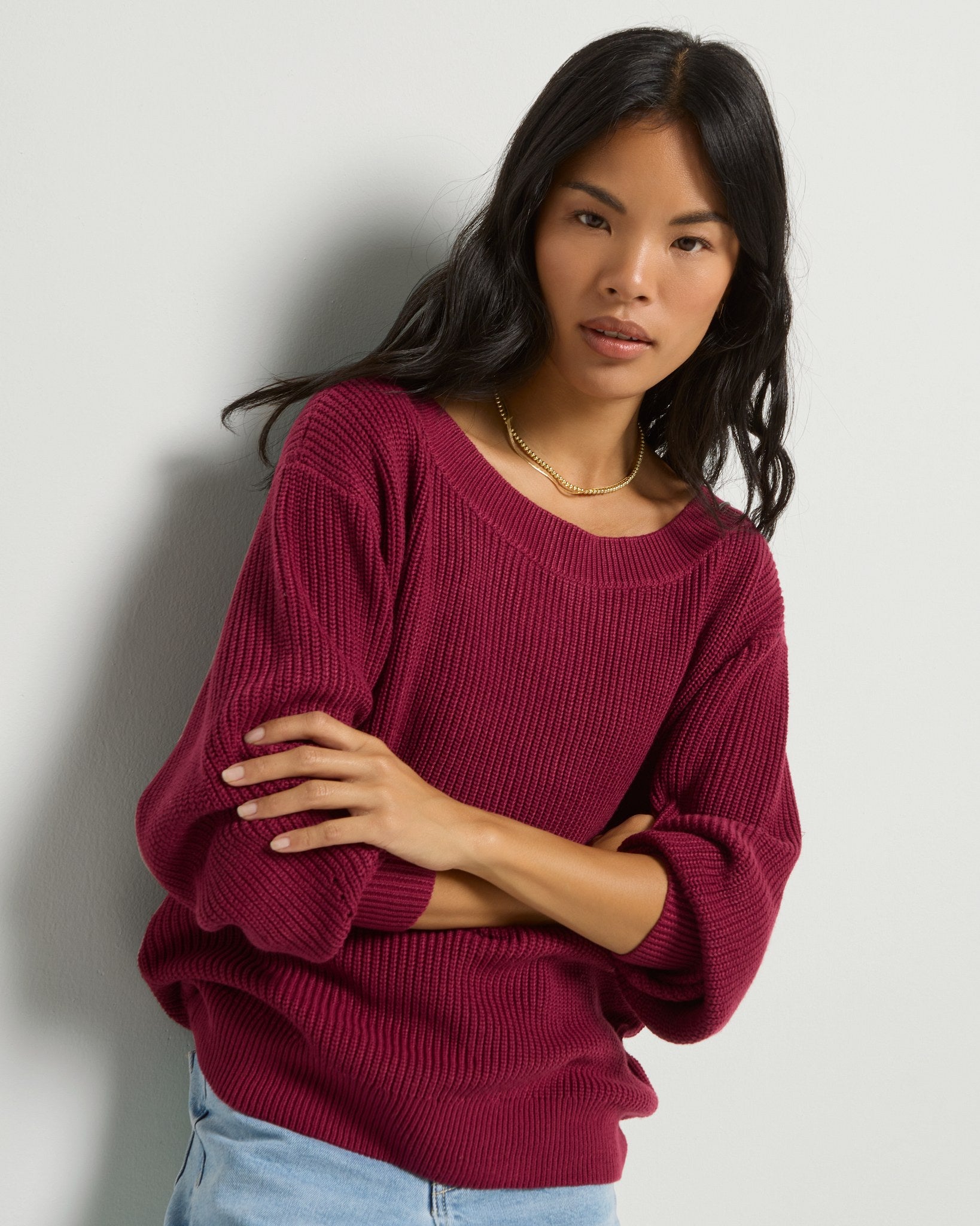 Cabernet Red $|& SEAS Coastal One Shoulder Sweater - SOF Front