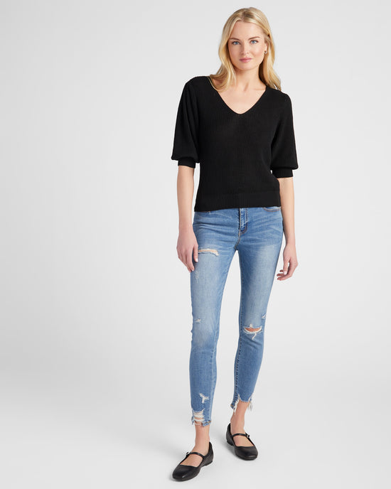 Black $|& SEAS Coastal V-Neck Elbow Sleeve Sweater - SOF Full Front