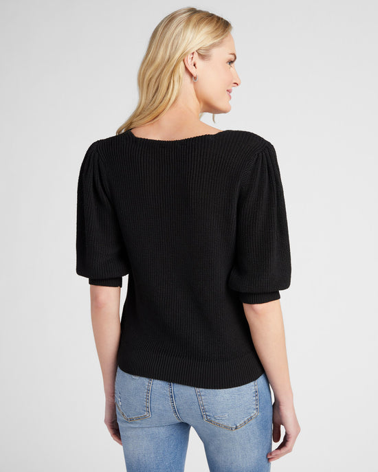 Black $|& SEAS Coastal V-Neck Elbow Sleeve Sweater - SOF Back