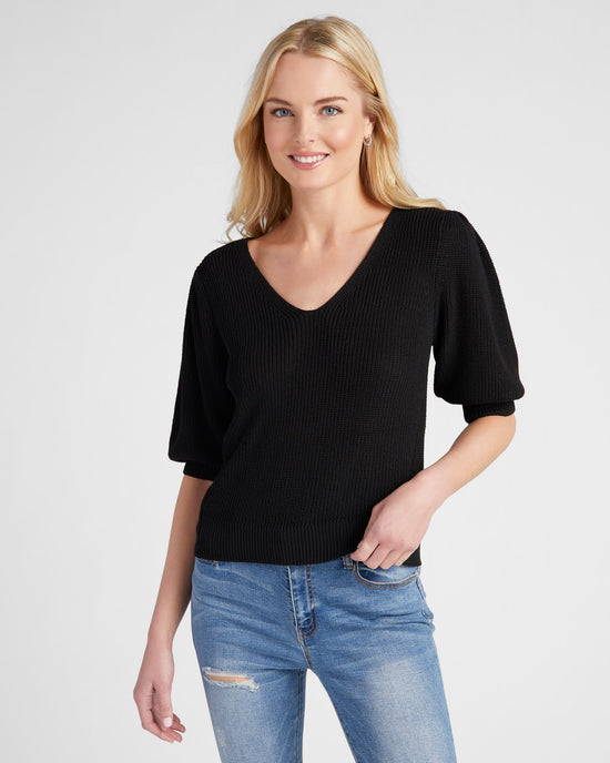 Black $|& SEAS Coastal V-Neck Elbow Sleeve Sweater - SOF Front