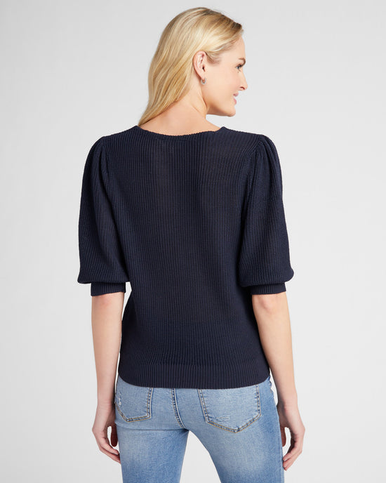 Navy $|& SEAS Coastal V-Neck Elbow Sleeve Sweater - SOF Back