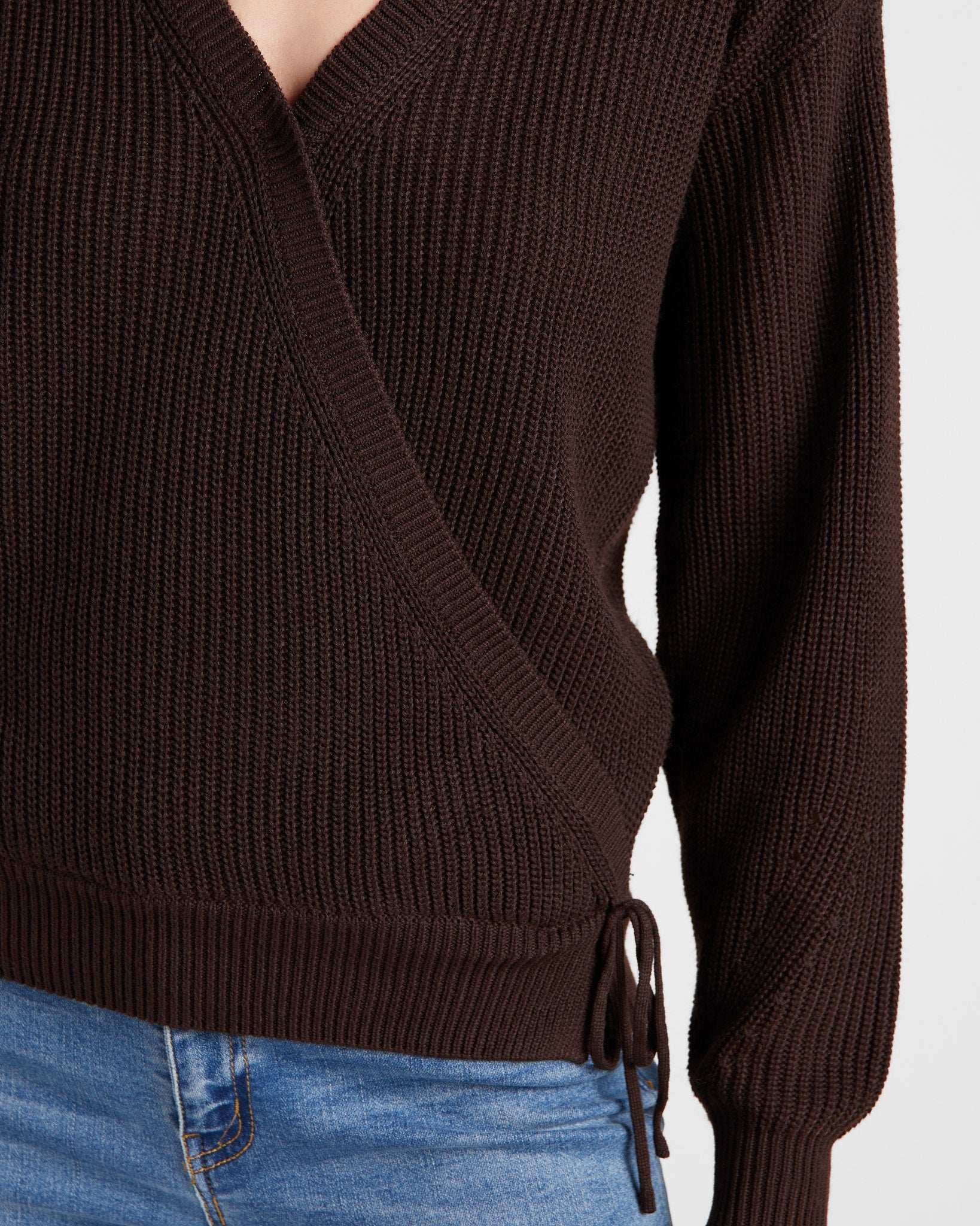 Dark Chocolate $|& SEAS Coastal Wrap Sweater - SOF Detail