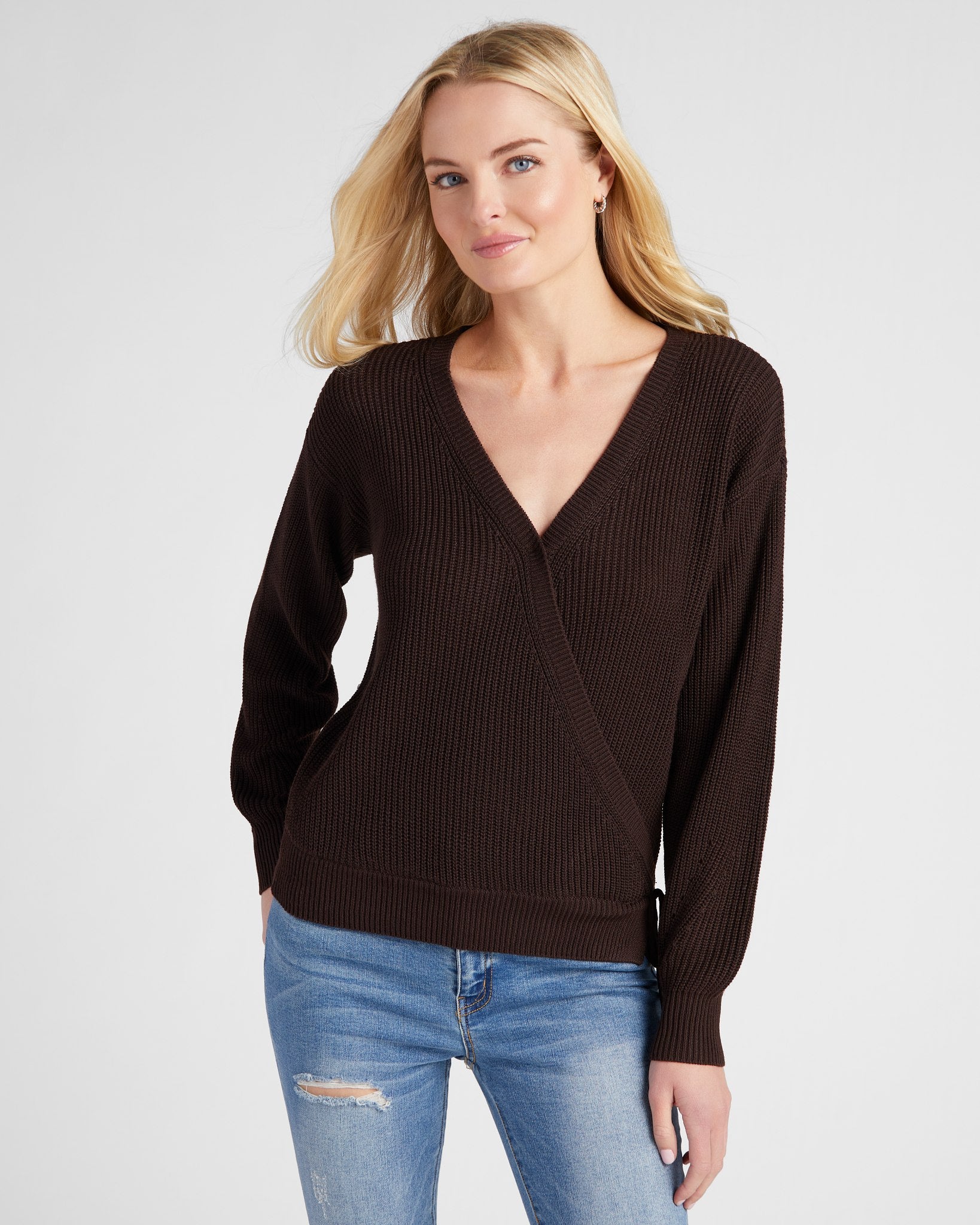 Dark Chocolate $|& SEAS Coastal Wrap Sweater - SOF Front