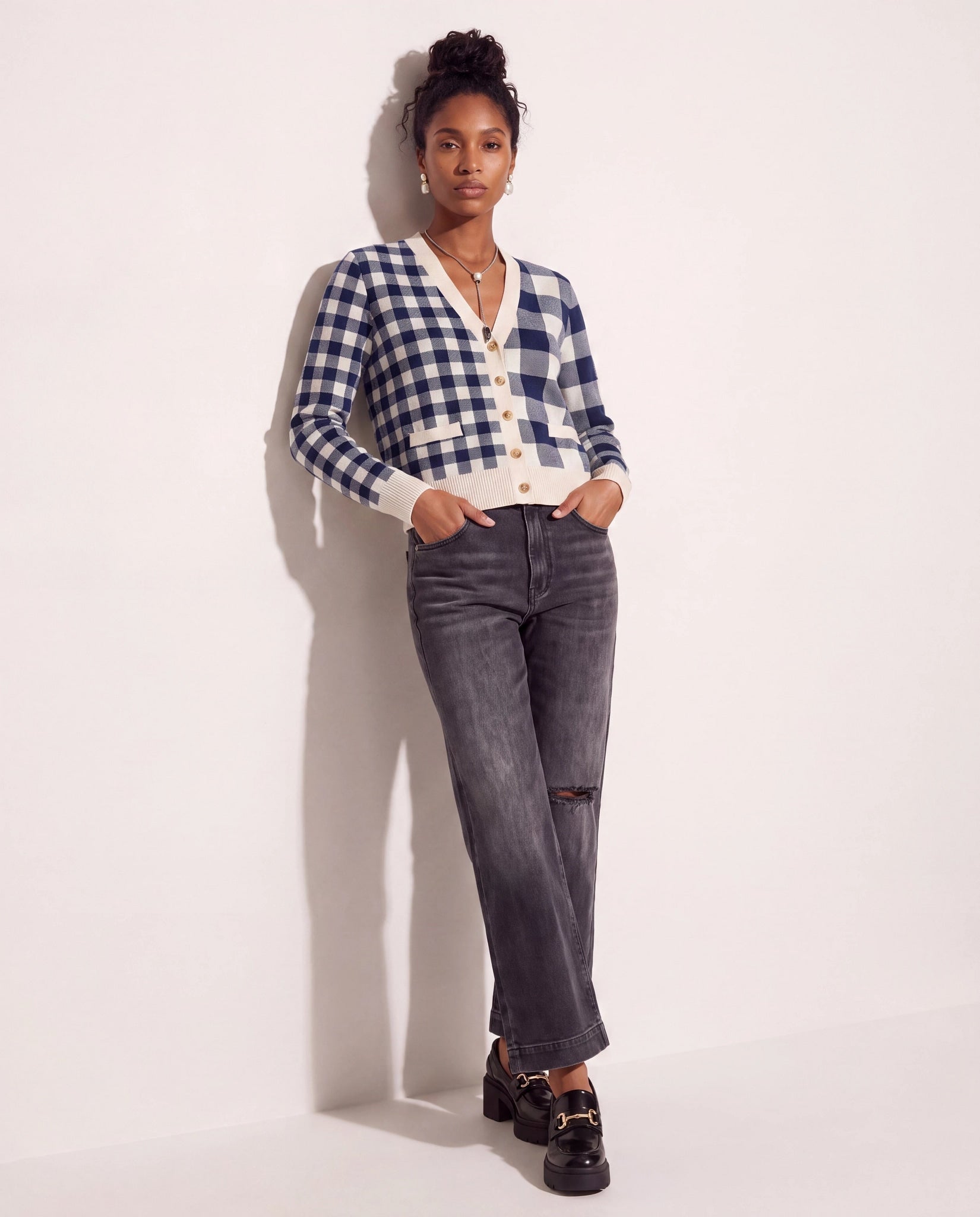 Cream/Navy $|& SEAS Alumni Double Plaid Cardigan - UGC On Fig