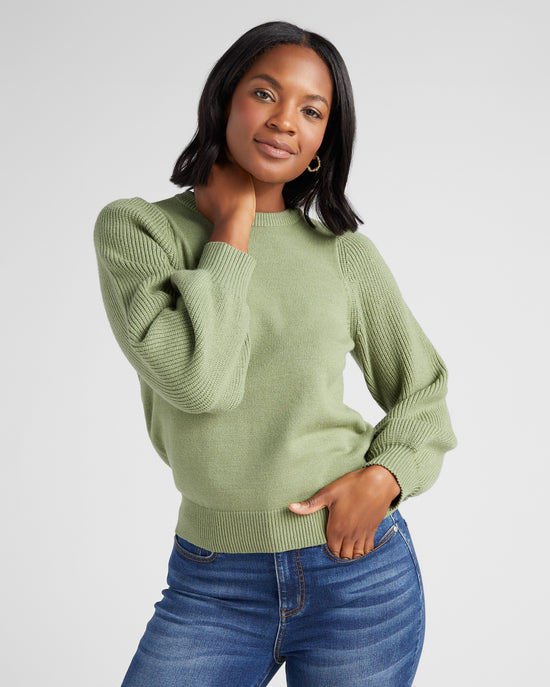 Frosty Spruce $|& SEAS Pacific Puff Shoulder Crew Neck Sweater - SOF Front