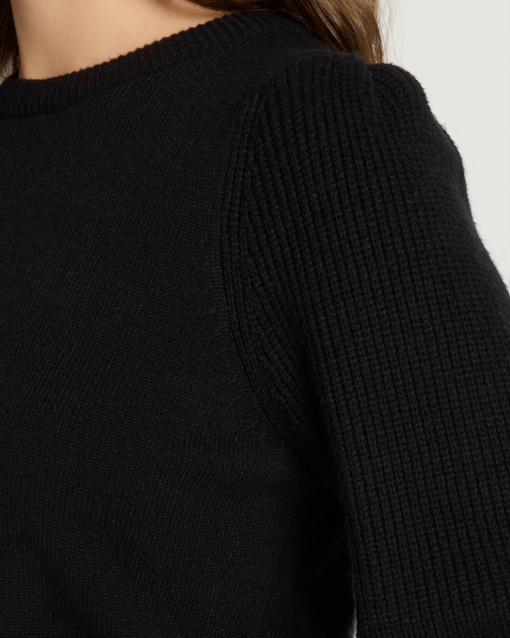 Black $|& SEAS Pacific Puff Shoulder Crew Neck Sweater - SOF Full Front